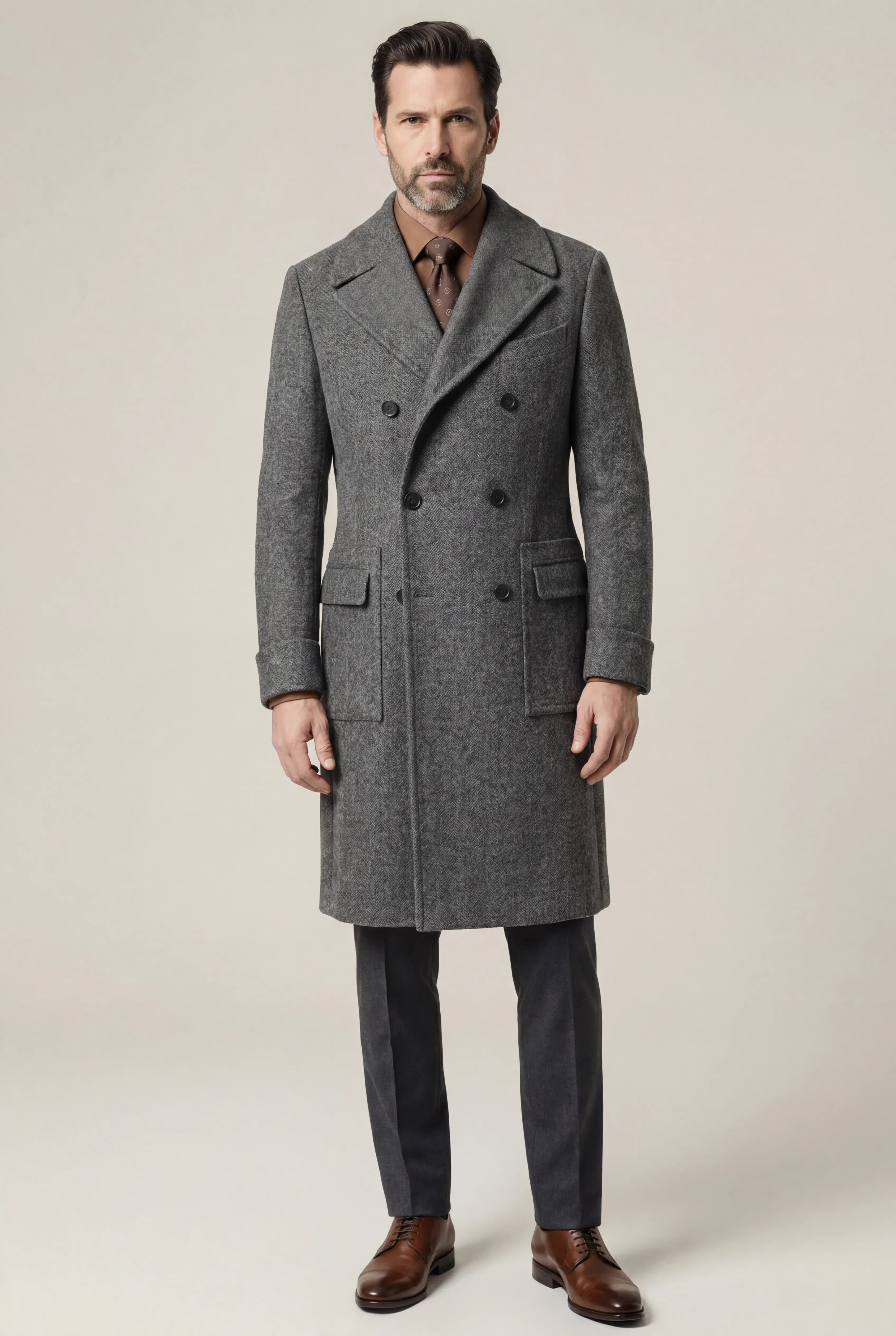 Grey Herringbone Double-Breasted Overcoat