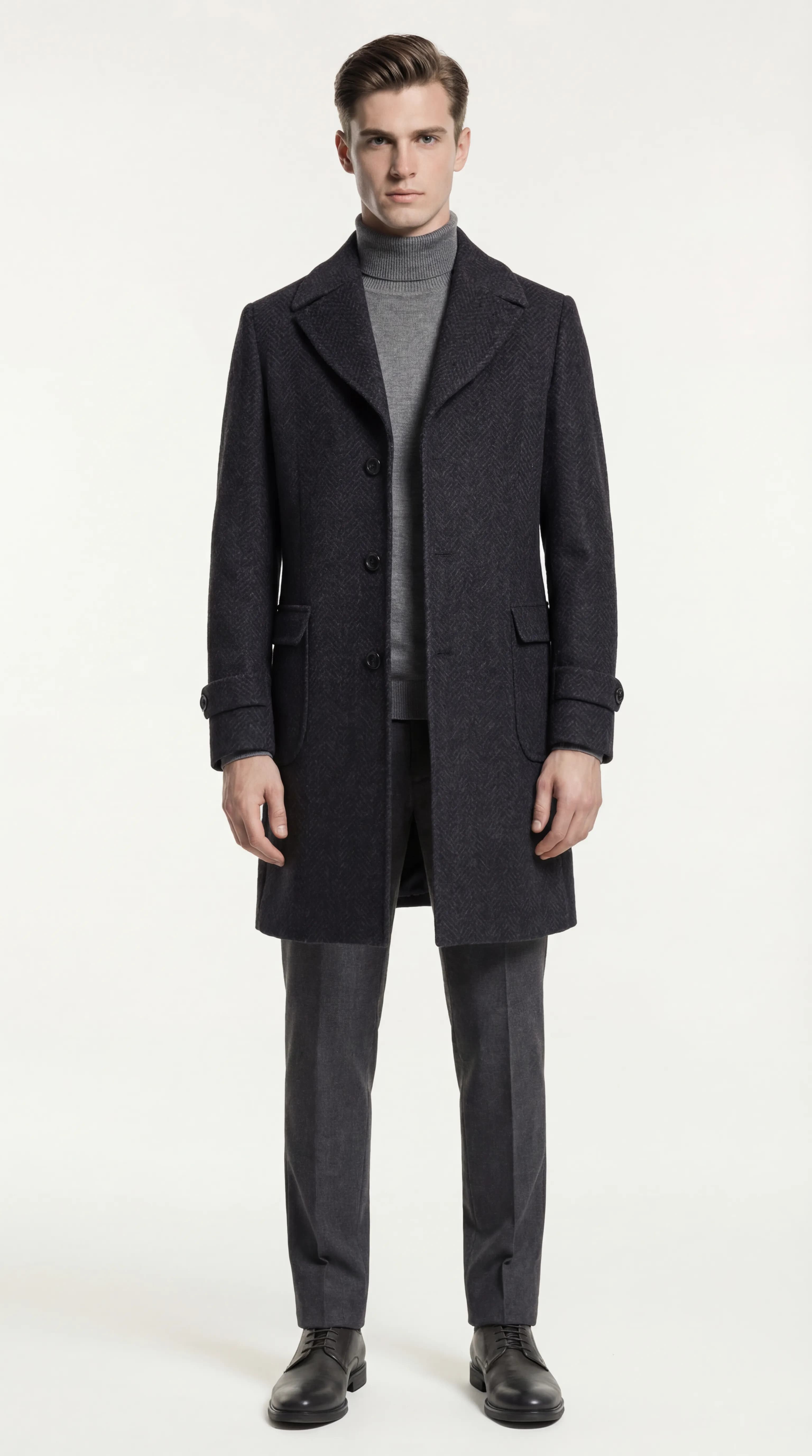 Charcoal Herringbone Wool Overcoat
