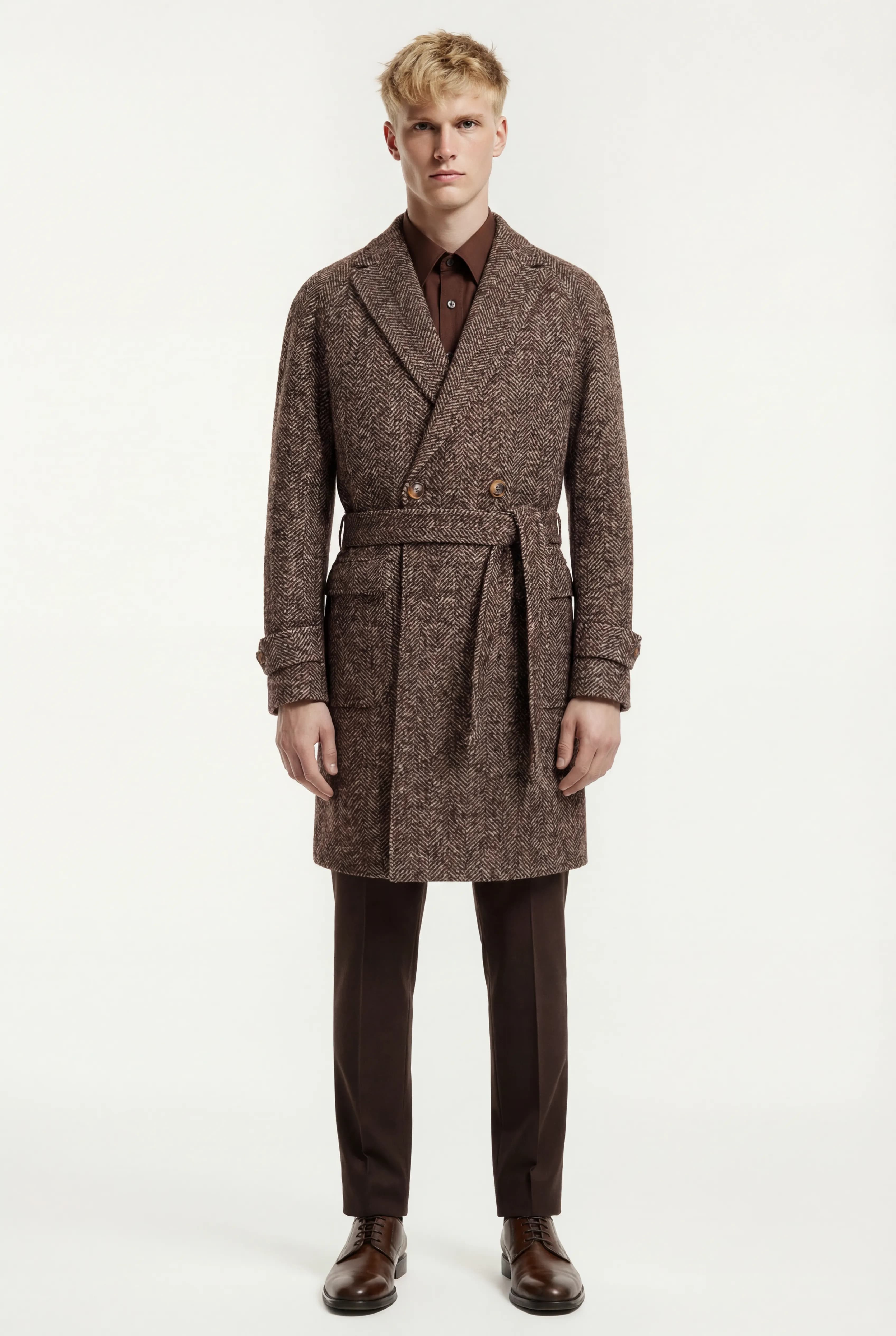 Brown Herringbone Belted Overcoat