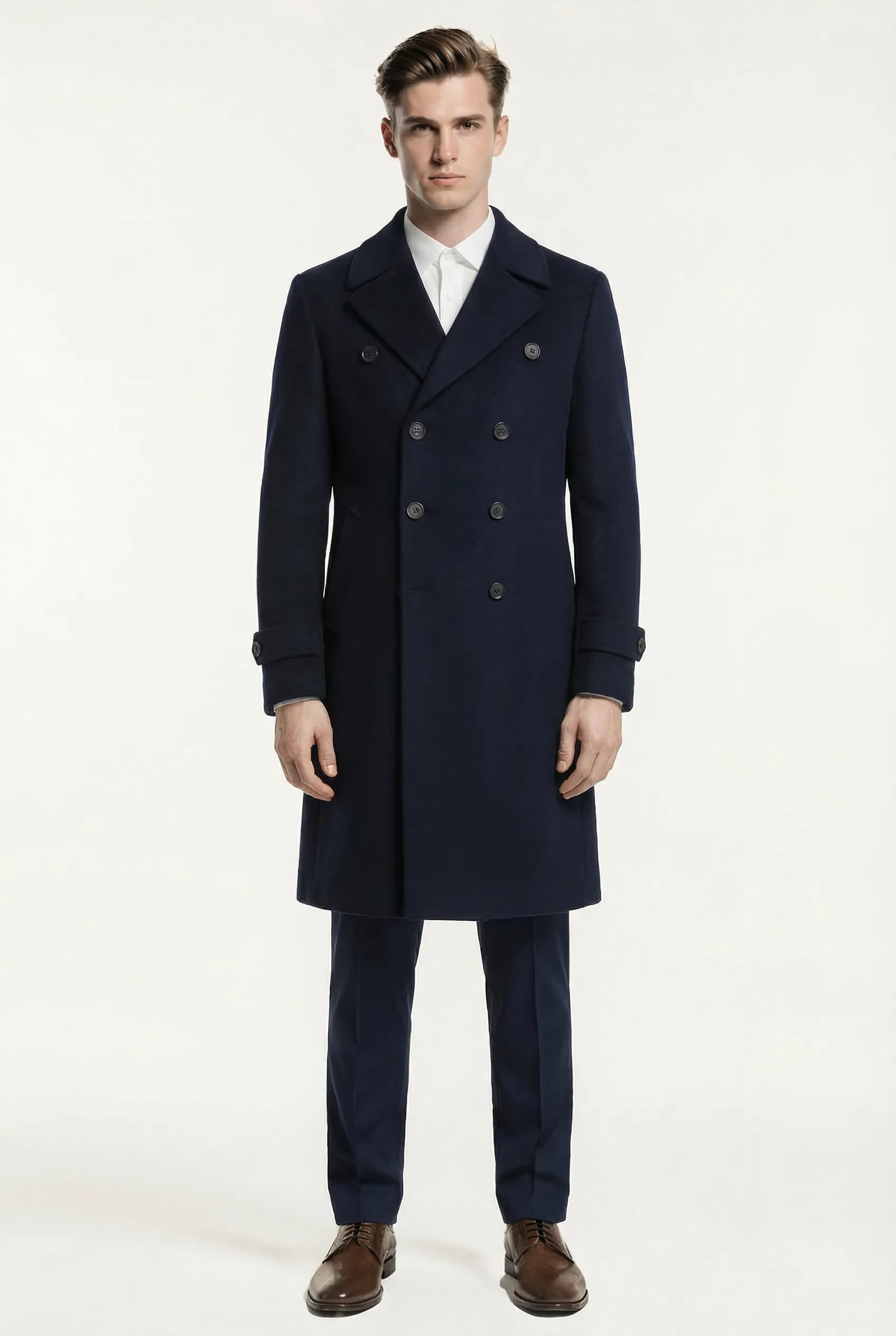 Navy Wool Double-Breasted Overcoat