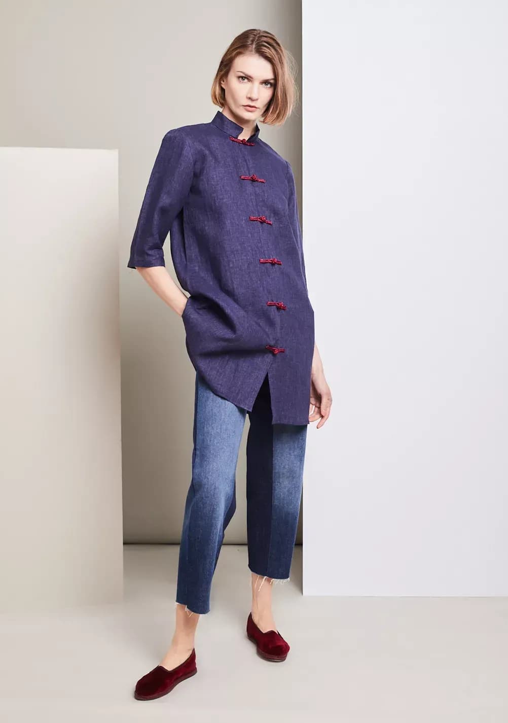 SHORT FILIPPA KAFTAN DRESS IN BLUE LINEN