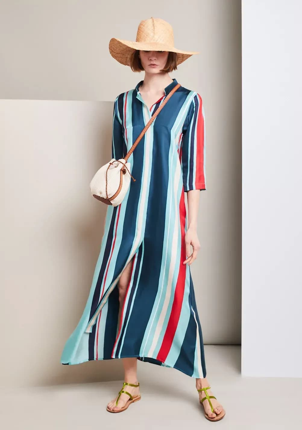 LEANDRA DRESS IN LIGHT BLUE RED AND BLUE STRIPED SILK